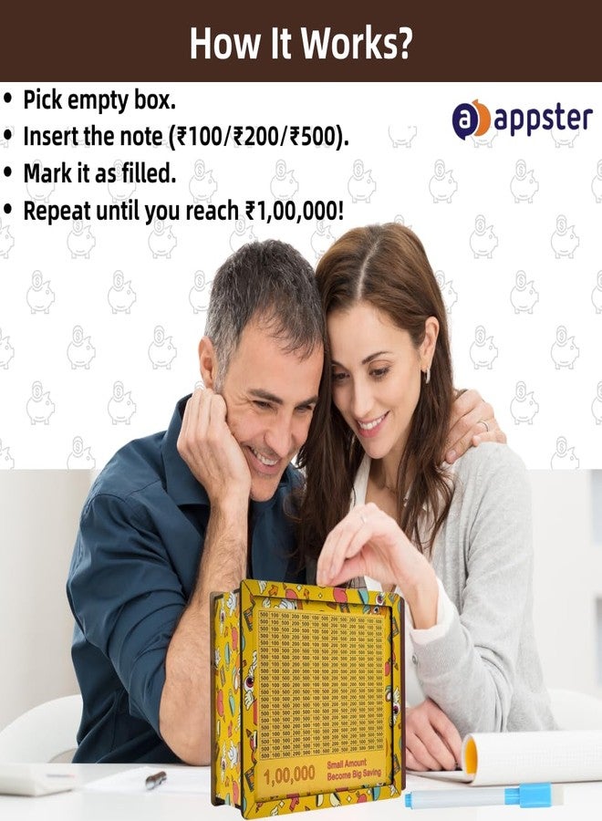 APPSTER 8x7 Inch Jumbo Wooden Piggy Money Bank for Kids & Adults | Carved Design, Mini Bank, Donation Box, Smart Money Coin Box with Numbers Savings Box 100000 Rupees (Yellow) - Image 3